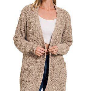 Zenana Long Sleeve Popcorn Sweater Cardigan with Pockets
